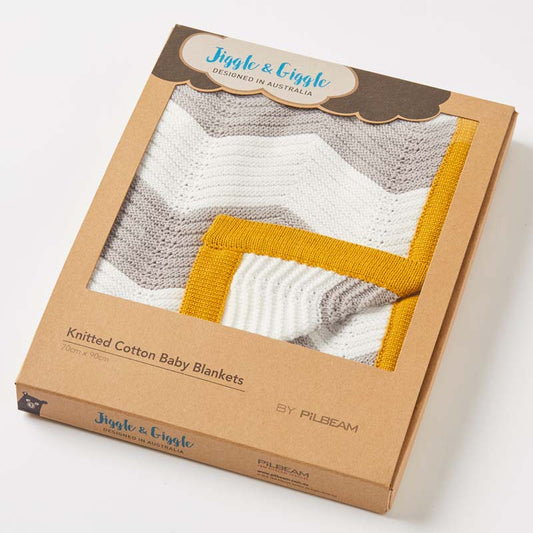 Zig-Zag Mustard, Grey & White Knit Blanket