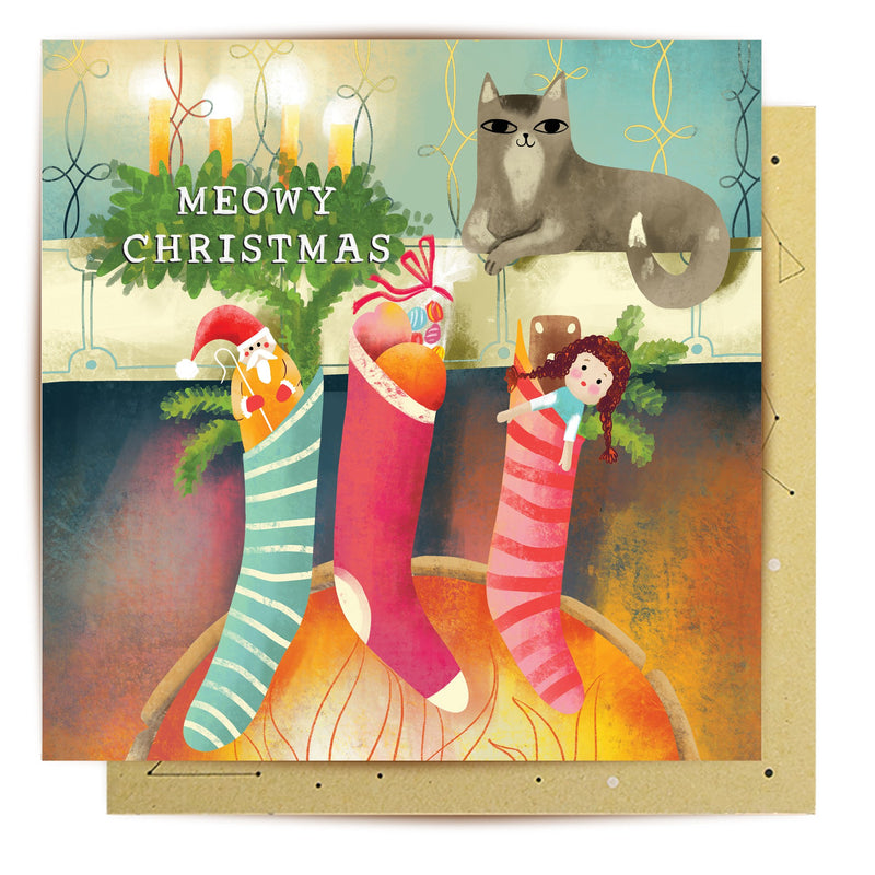 Greeting Card Meowy Christmas Stockings